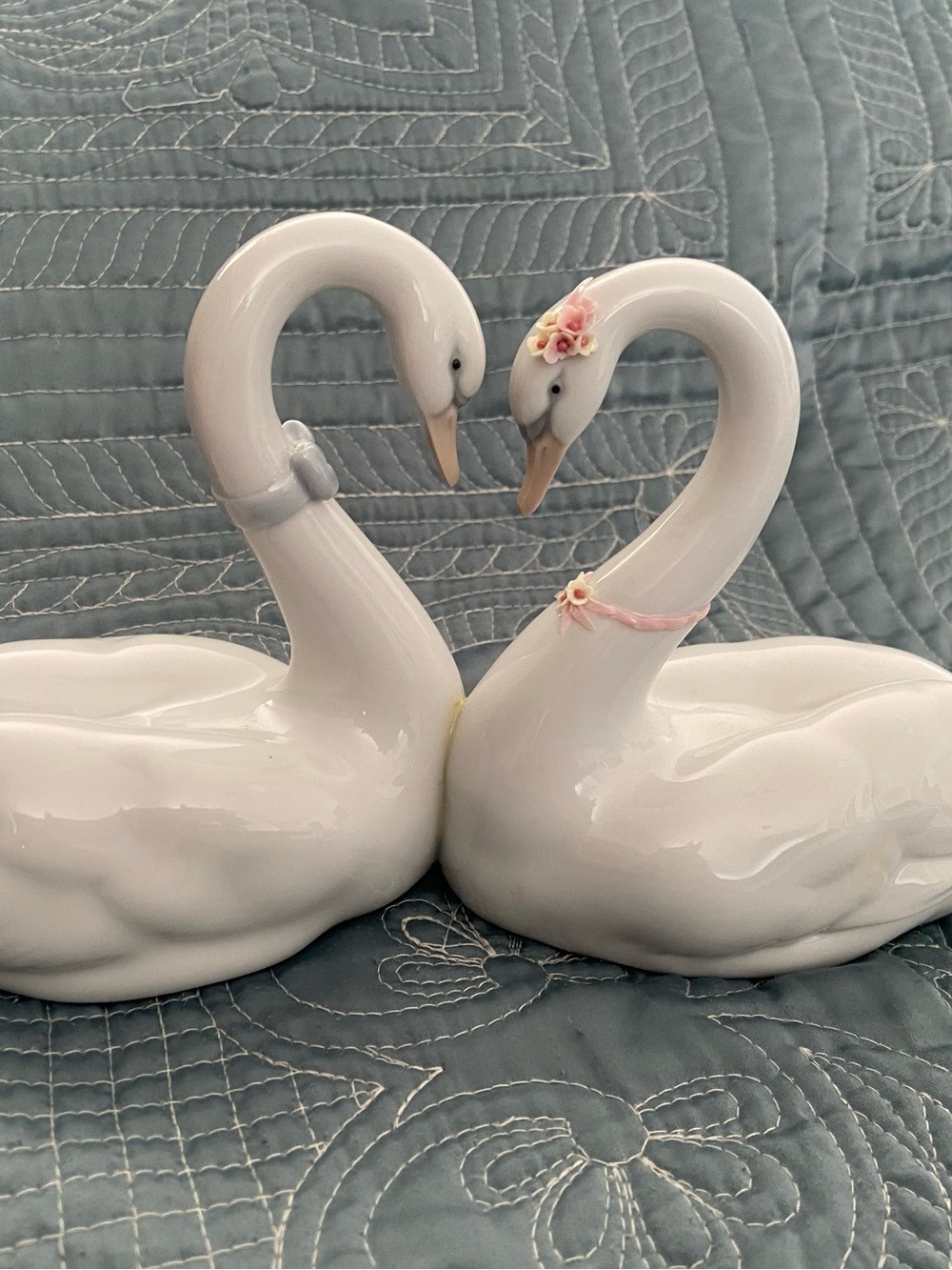 Lladro White Porcelain Swan Pair with Pink Floral Accents